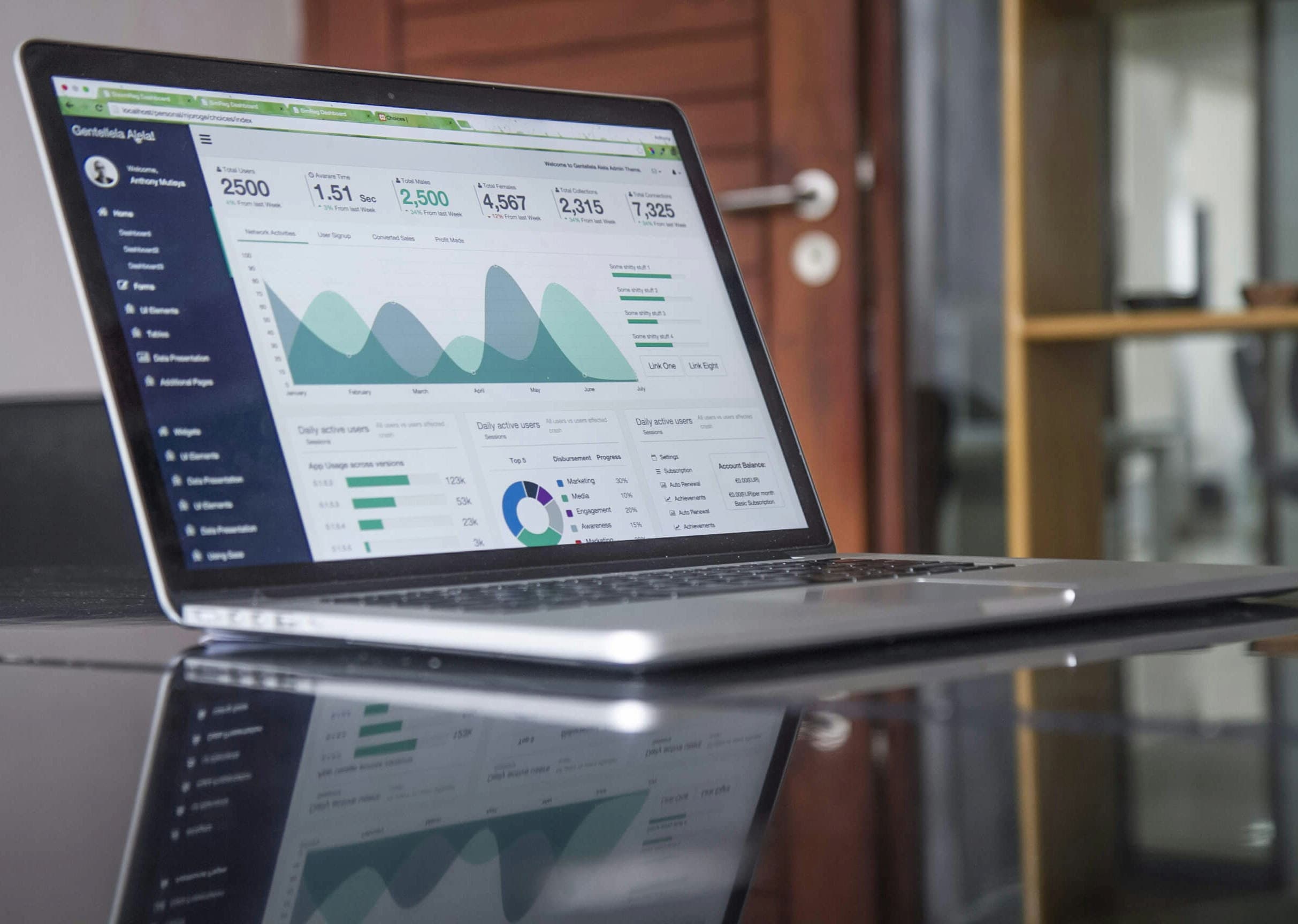 Open laptop displaying a digital marketing dashboard with graphs and analytics, showcasing user data, engagement metrics, and conversion statistics, placed on a reflective surface in a modern workspace